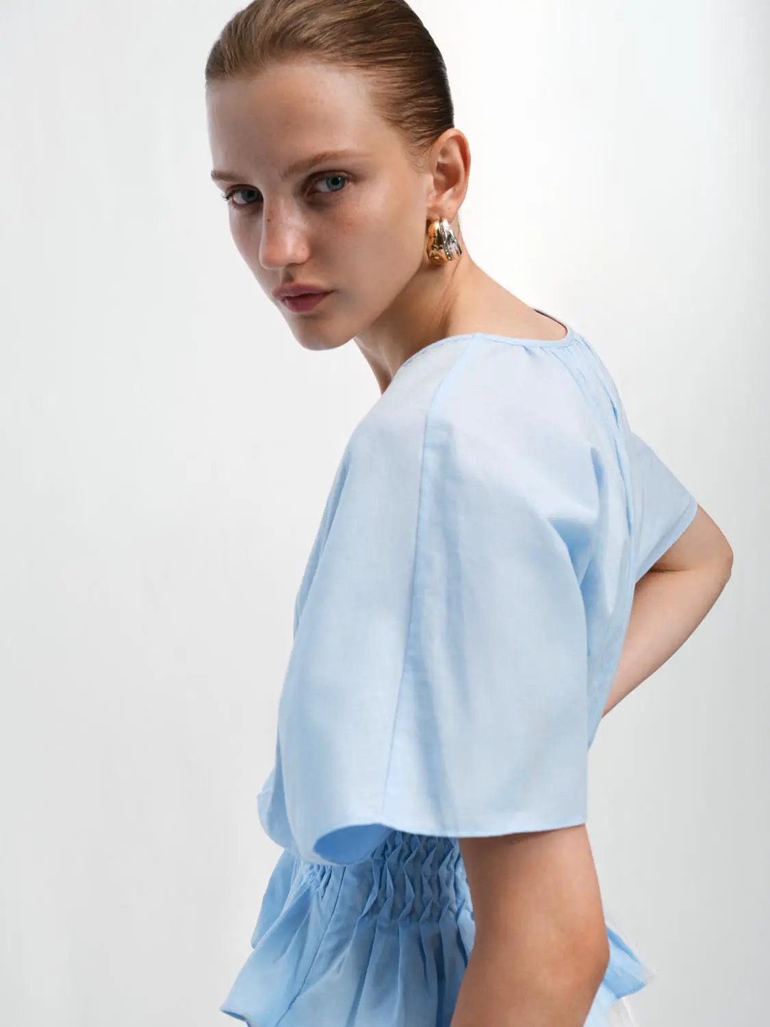 V-neck Puff Sleeve Smocked Waist Cotton Linen Blend Blouse