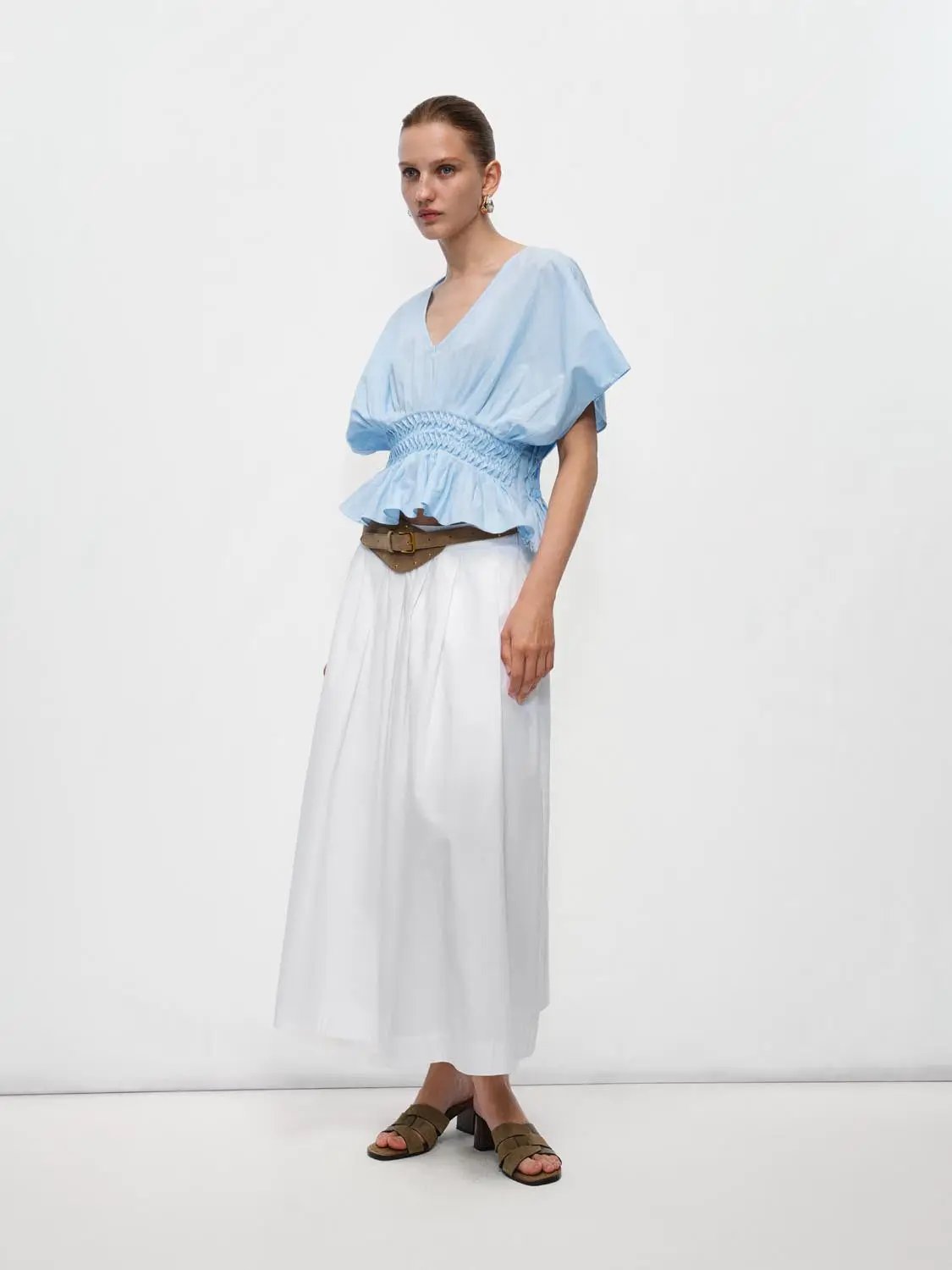 V-neck Puff Sleeve Smocked Waist Cotton Linen Blend Blouse