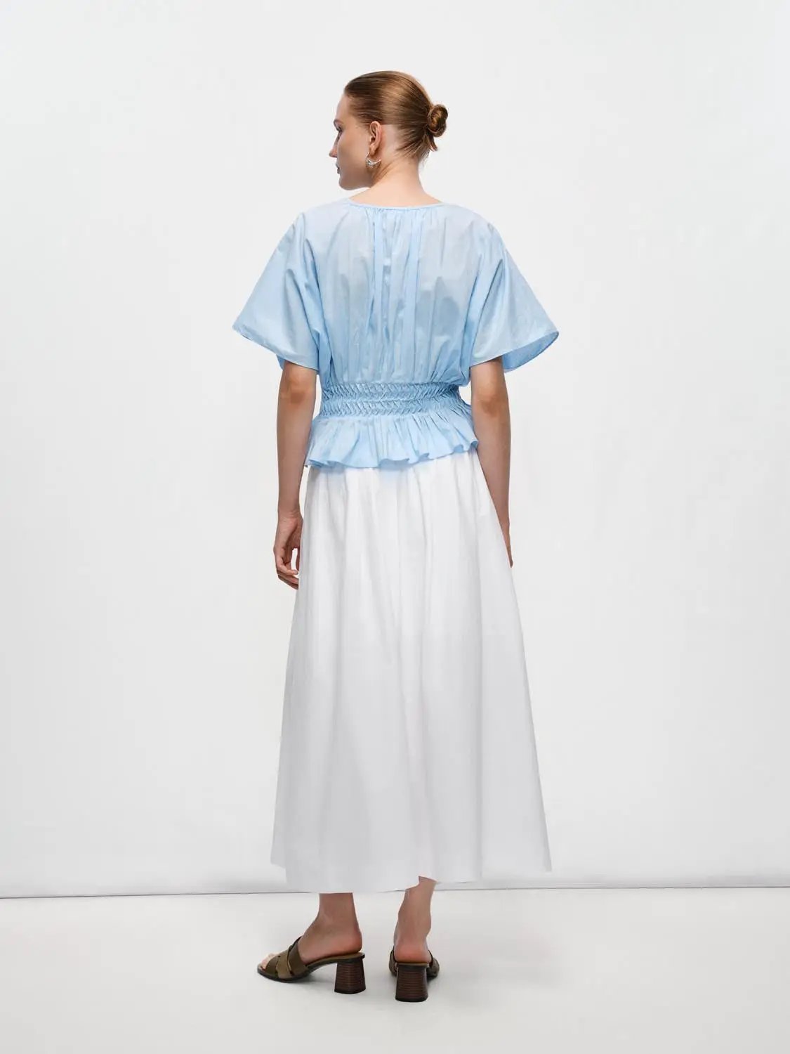V-neck Puff Sleeve Smocked Waist Cotton Linen Blend Blouse