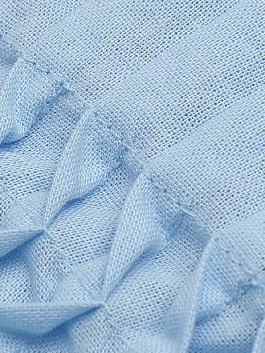 V-neck Puff Sleeve Smocked Waist Cotton Linen Blend Blouse