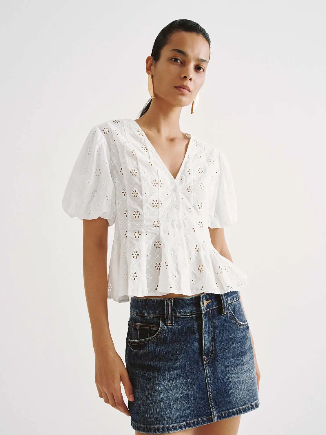 Eyelet Embroidered Puff Sleeve Cotton Shirt