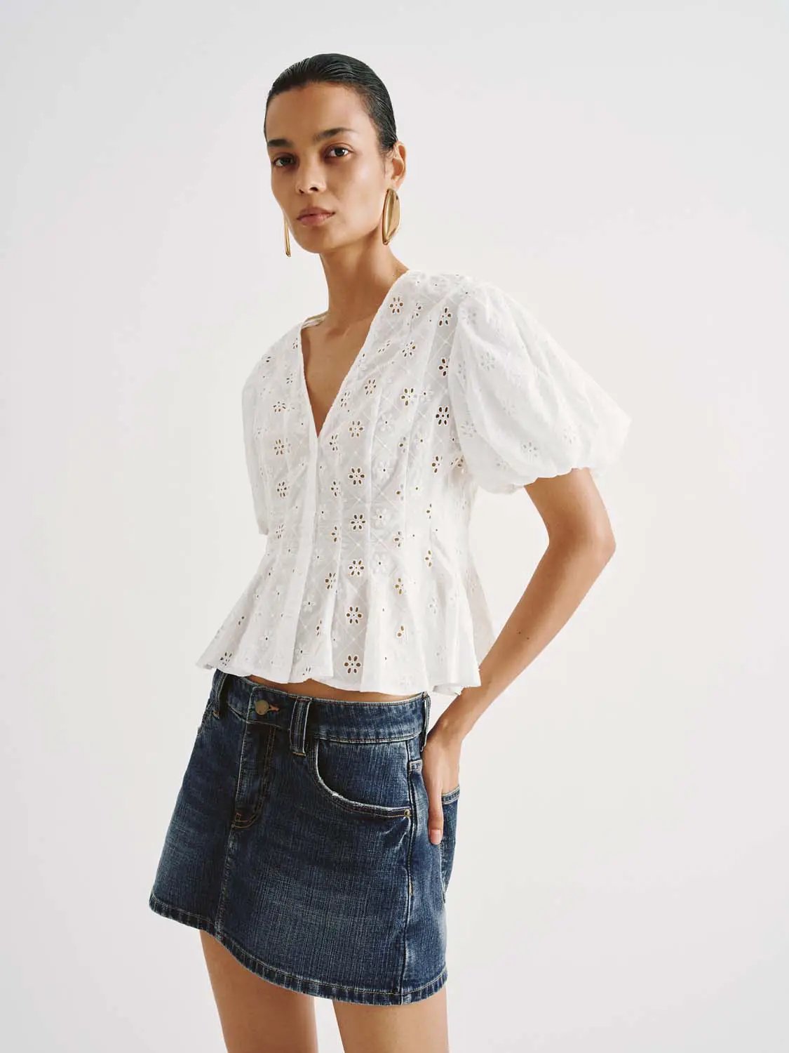 Eyelet Embroidered Puff Sleeve Cotton Shirt