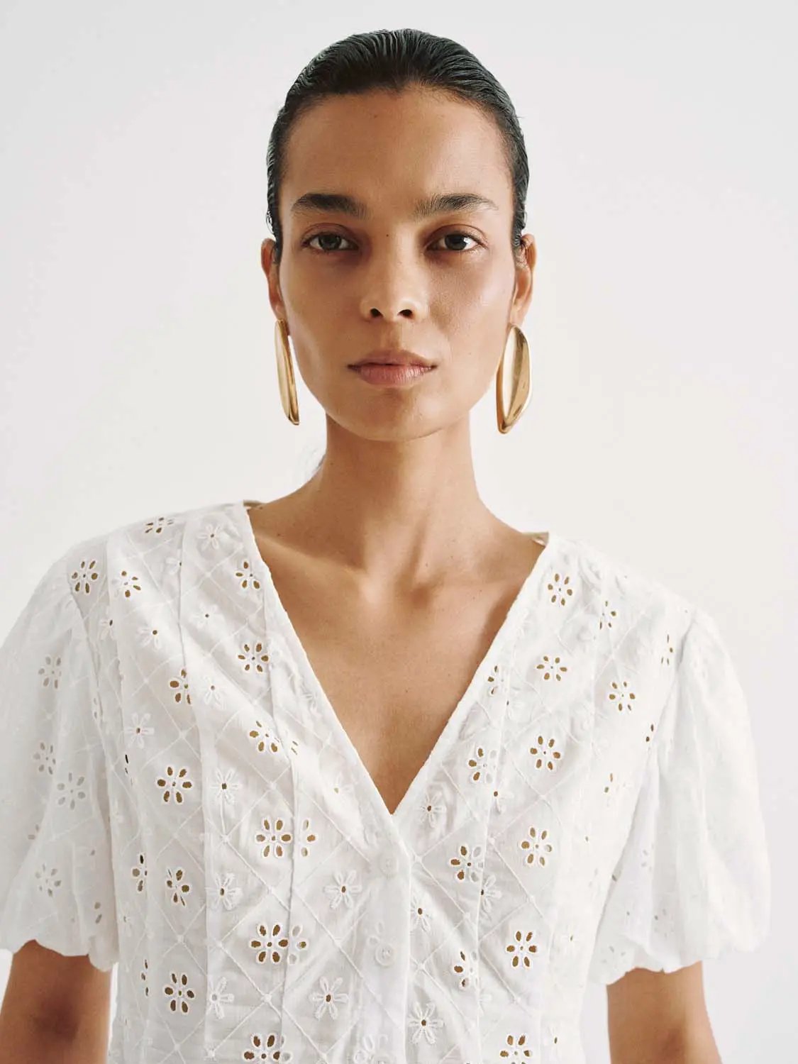 Eyelet Embroidered Puff Sleeve Cotton Shirt