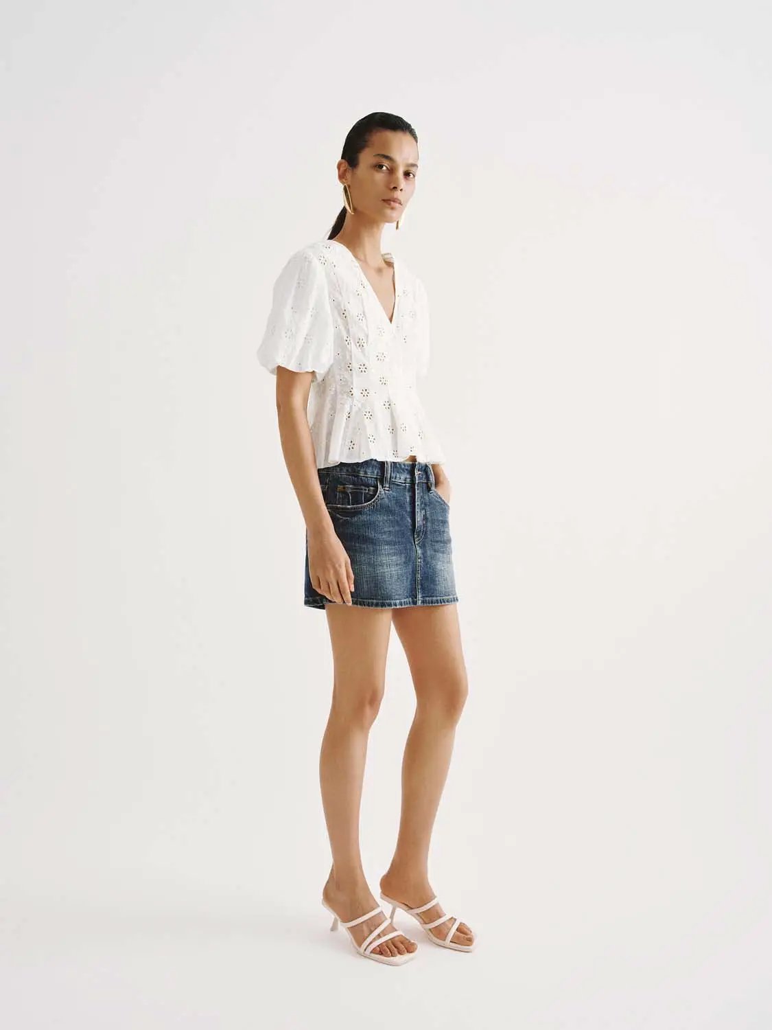 Eyelet Embroidered Puff Sleeve Cotton Shirt