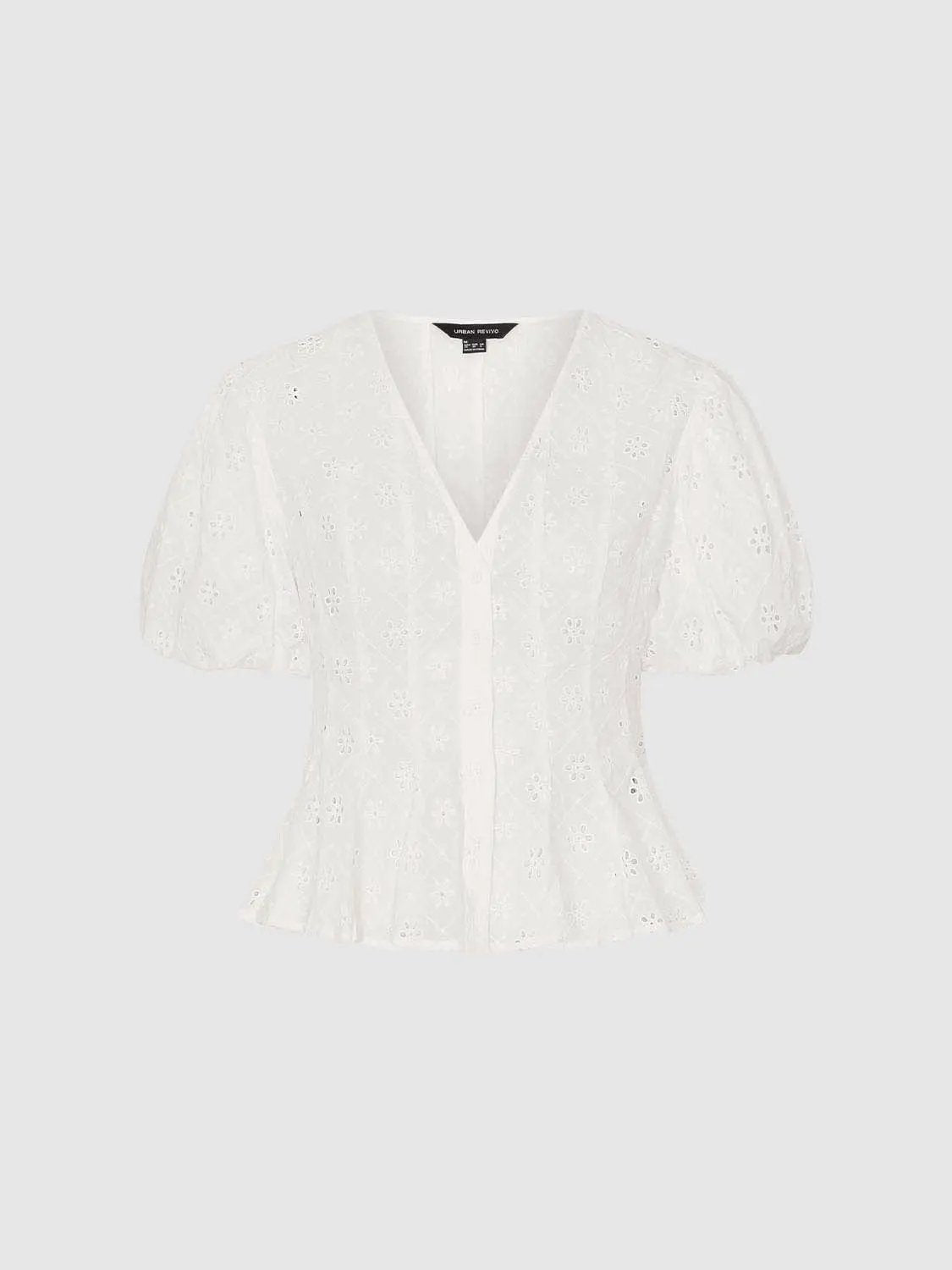 Eyelet Embroidered Puff Sleeve Cotton Shirt