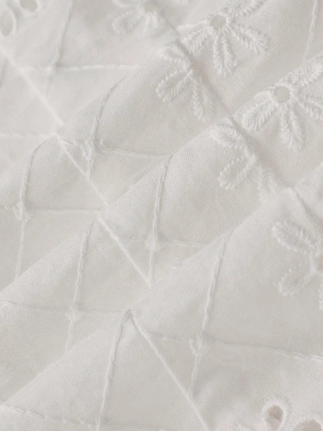 Eyelet Embroidered Puff Sleeve Cotton Shirt