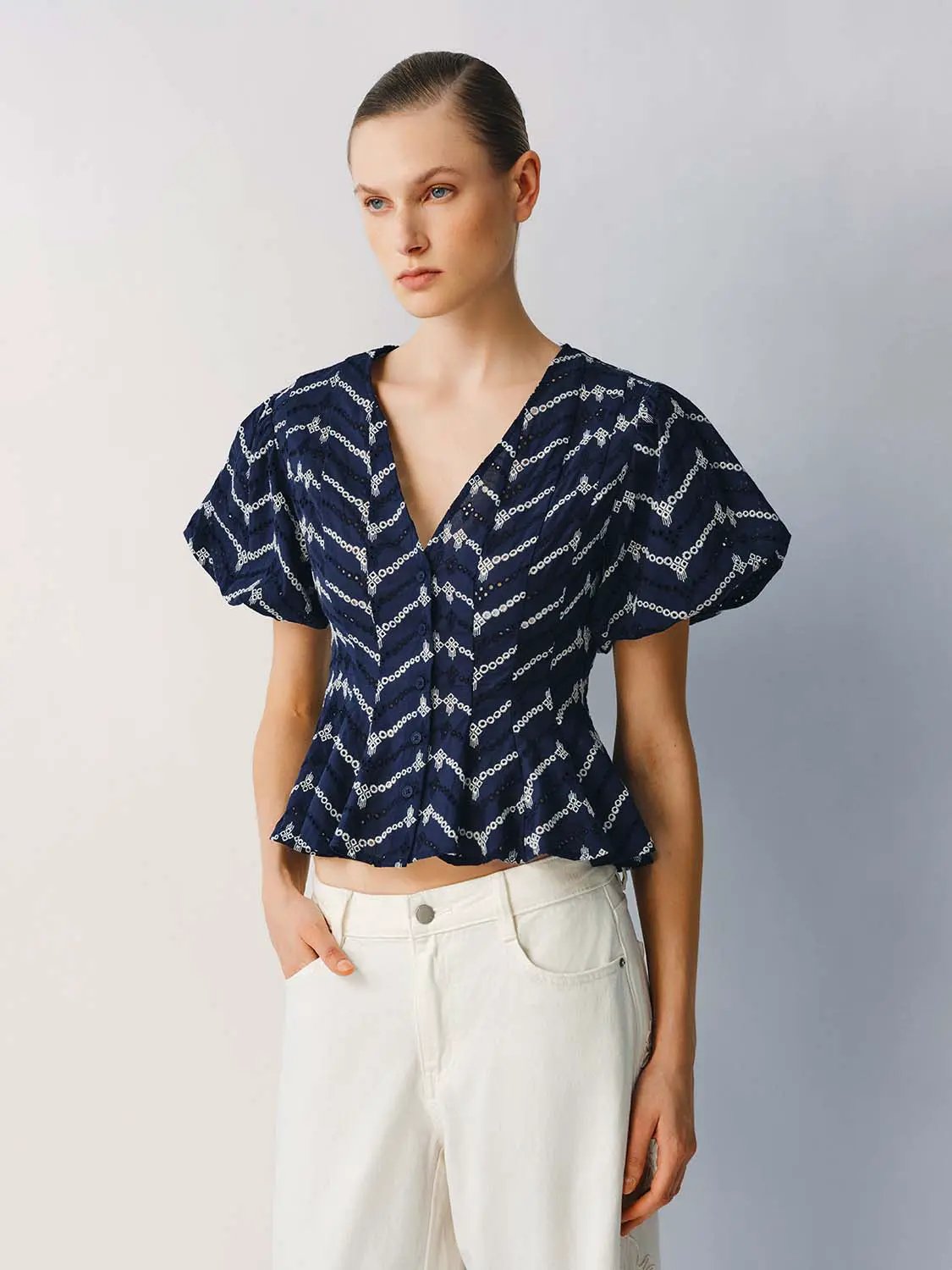 Puff Short Sleeve Geometric Print Cotton Shirt