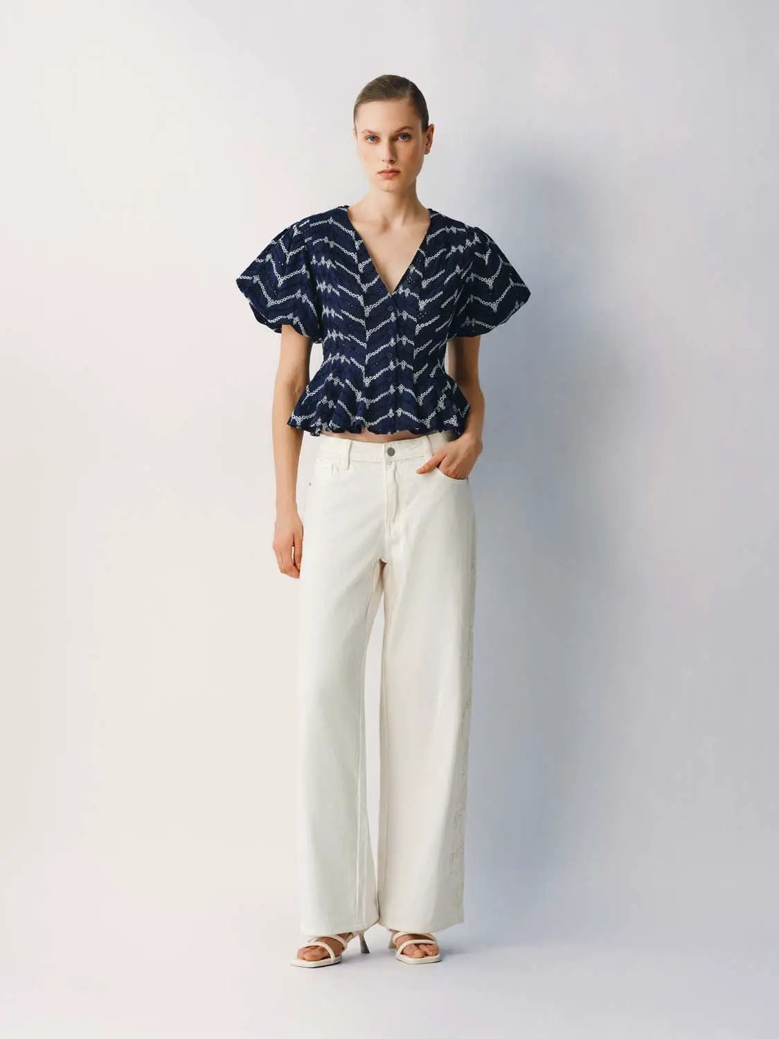 Puff Short Sleeve Geometric Print Cotton Shirt