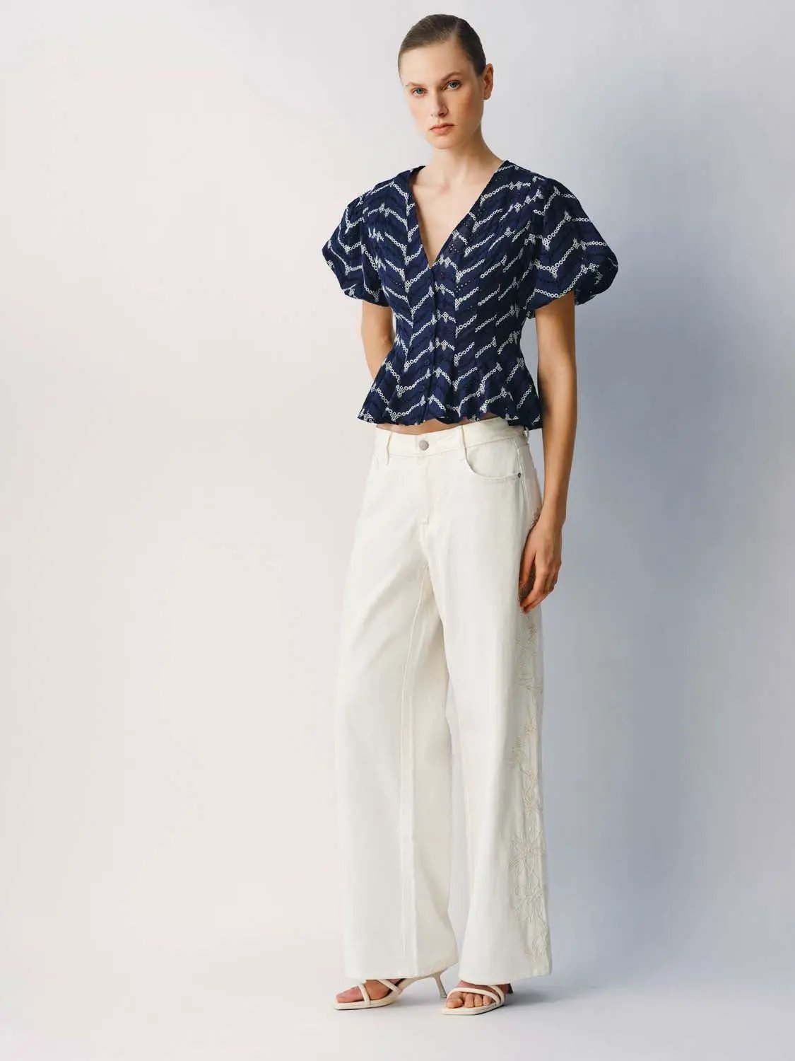 Puff Short Sleeve Geometric Print Cotton Shirt