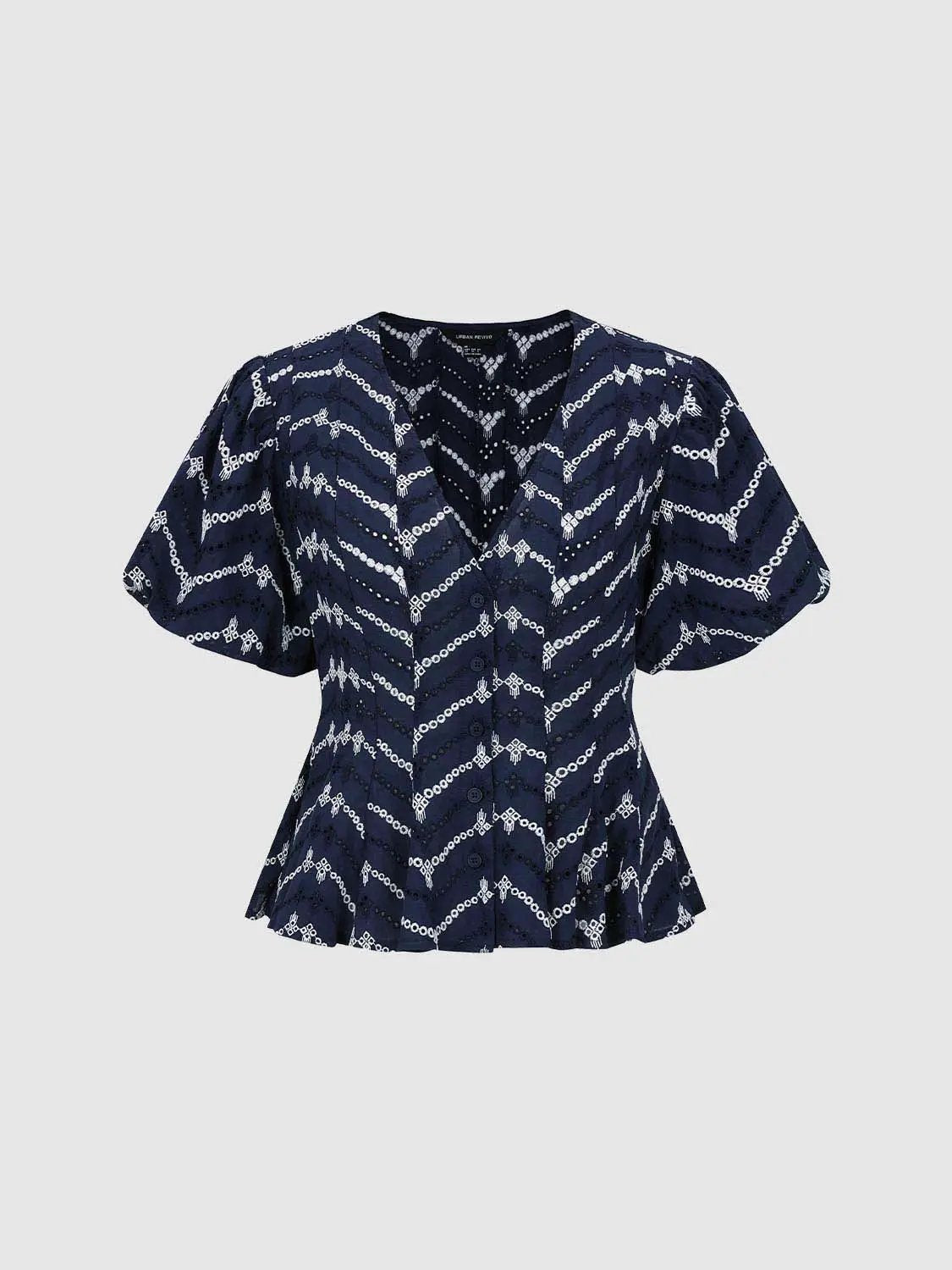 Puff Short Sleeve Geometric Print Cotton Shirt