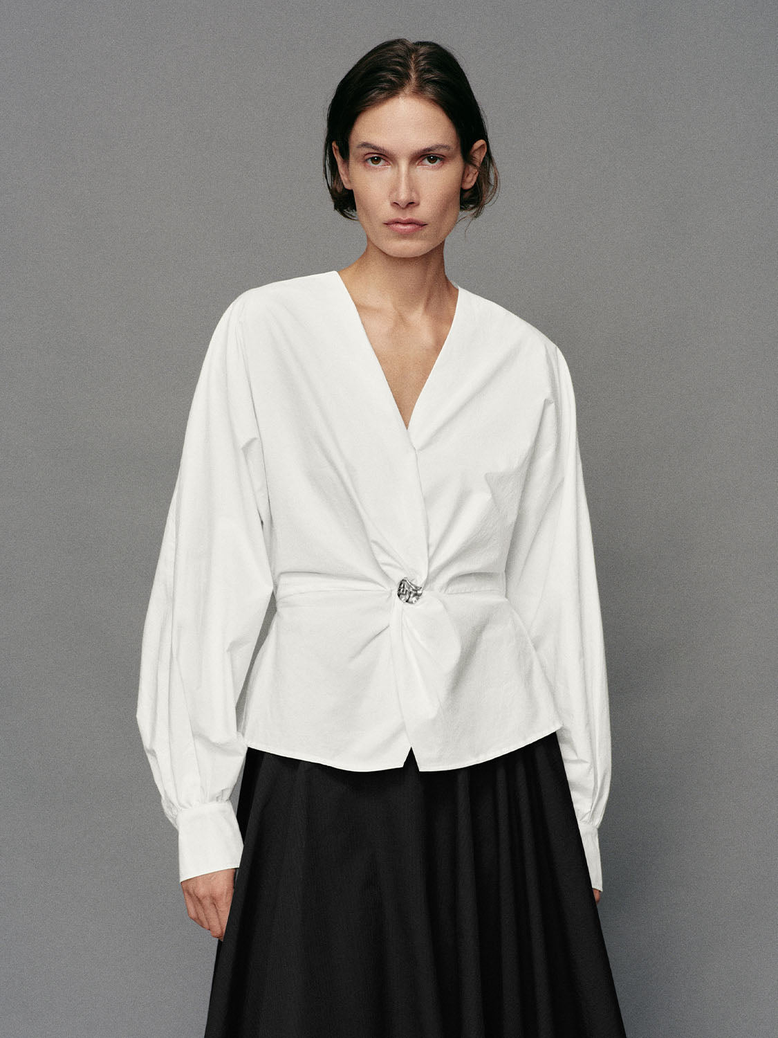 Twisted Front V-neck Long Sleeve Cotton Blouse