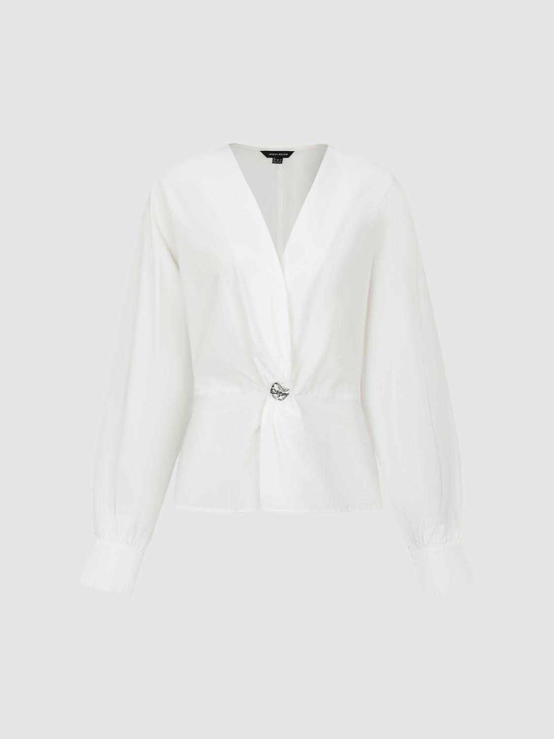Twisted Front V-neck Long Sleeve Cotton Blouse