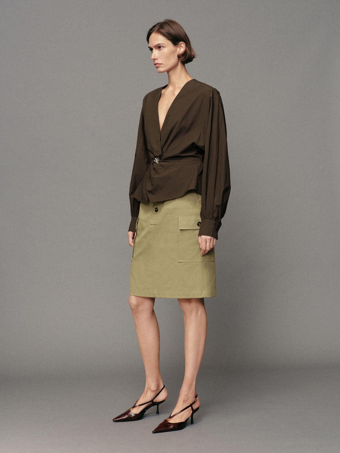Twisted Front V-neck Long Sleeve Cotton Blouse