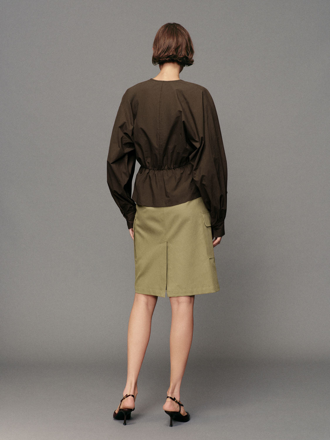 Twisted Front V-neck Long Sleeve Cotton Blouse