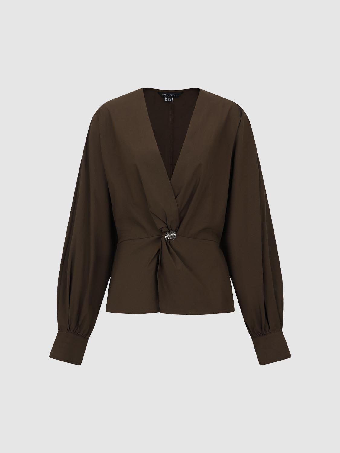Twisted Front V-neck Long Sleeve Cotton Blouse