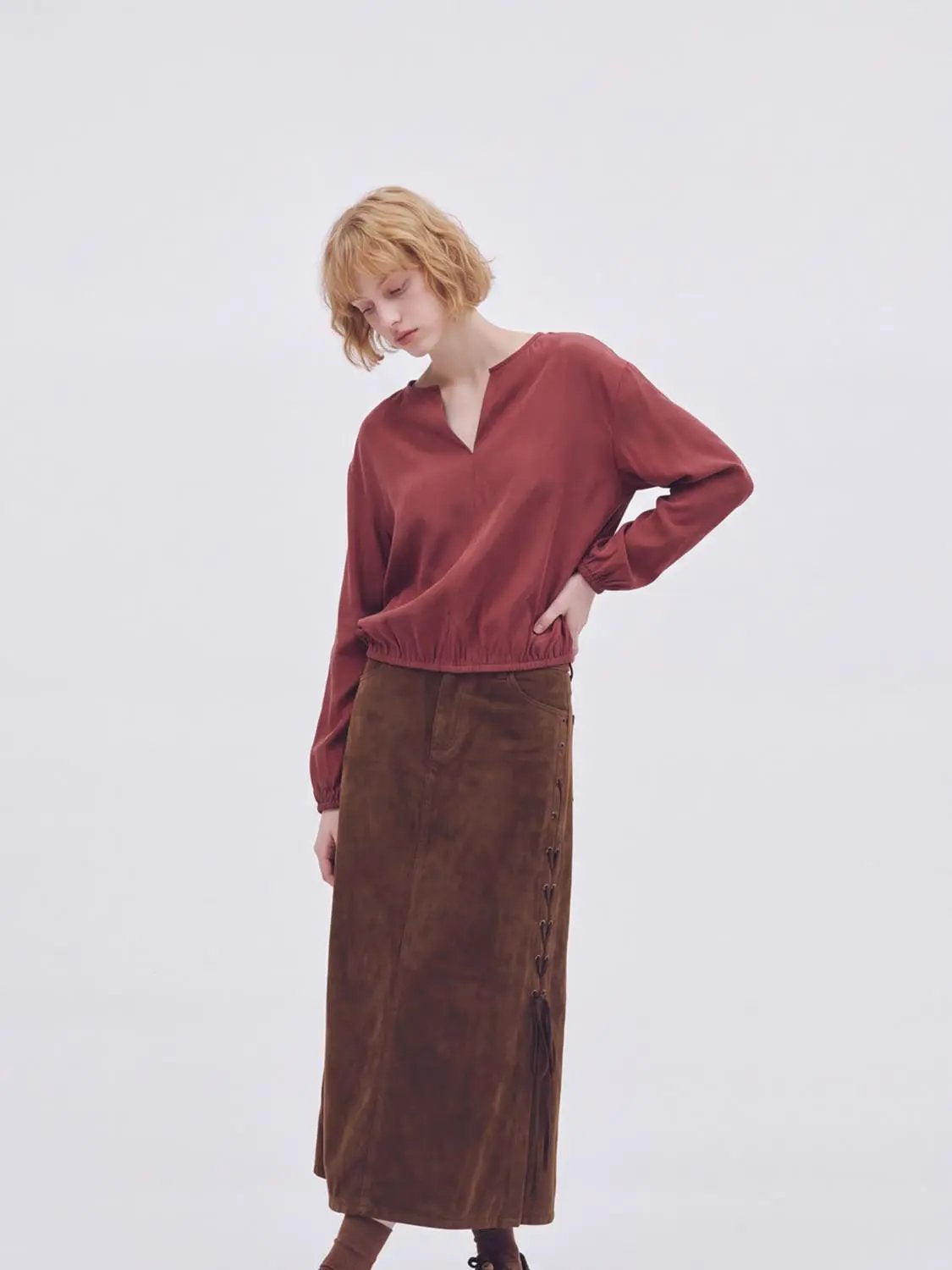 Boxy V-neck Long Sleeve Elastic Hem Blouse