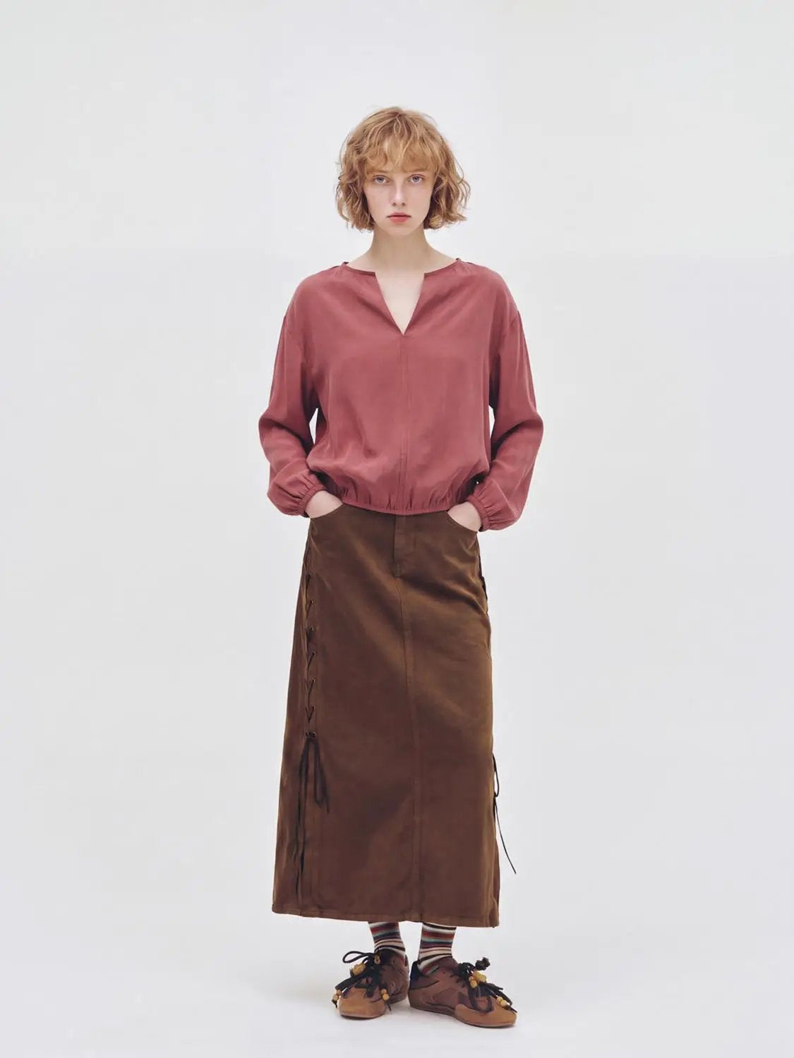 Boxy V-neck Long Sleeve Elastic Hem Blouse