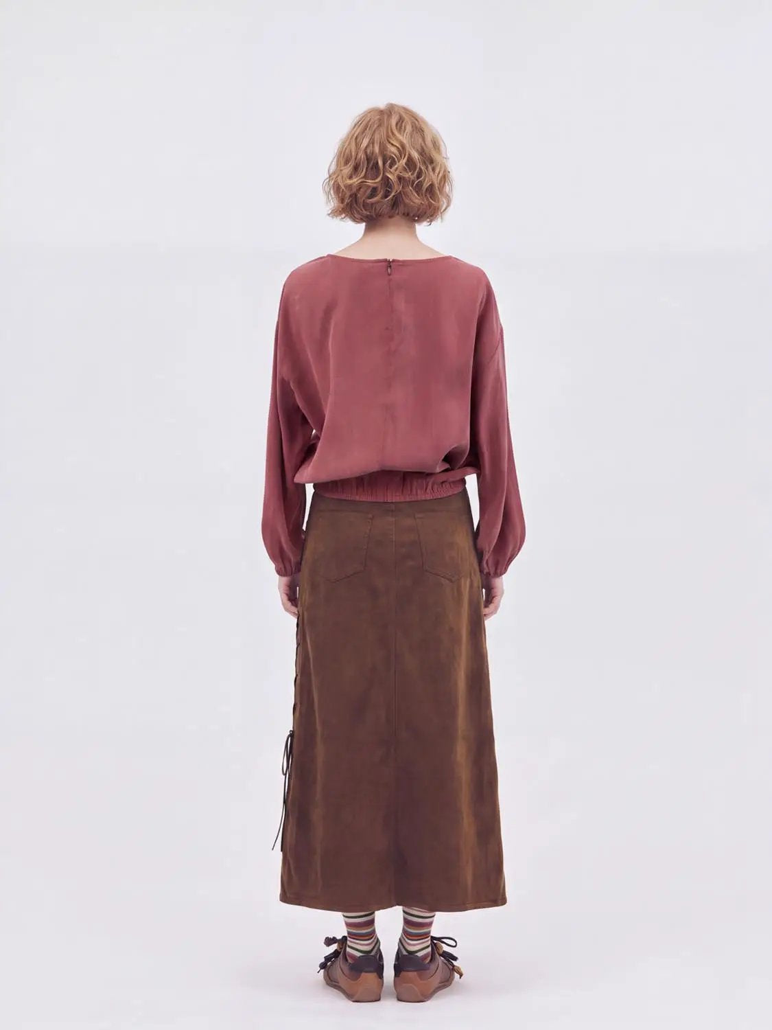 Boxy V-neck Long Sleeve Elastic Hem Blouse