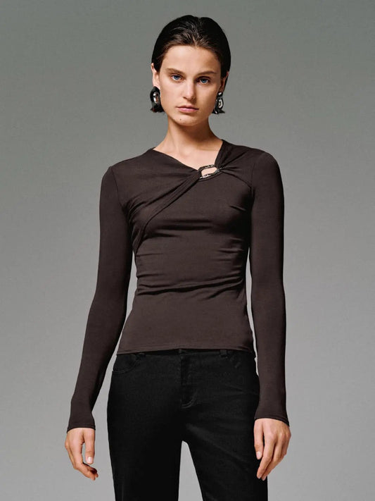 Ring Detail Knot Front Stretch Knit Long Sleeve Tee
