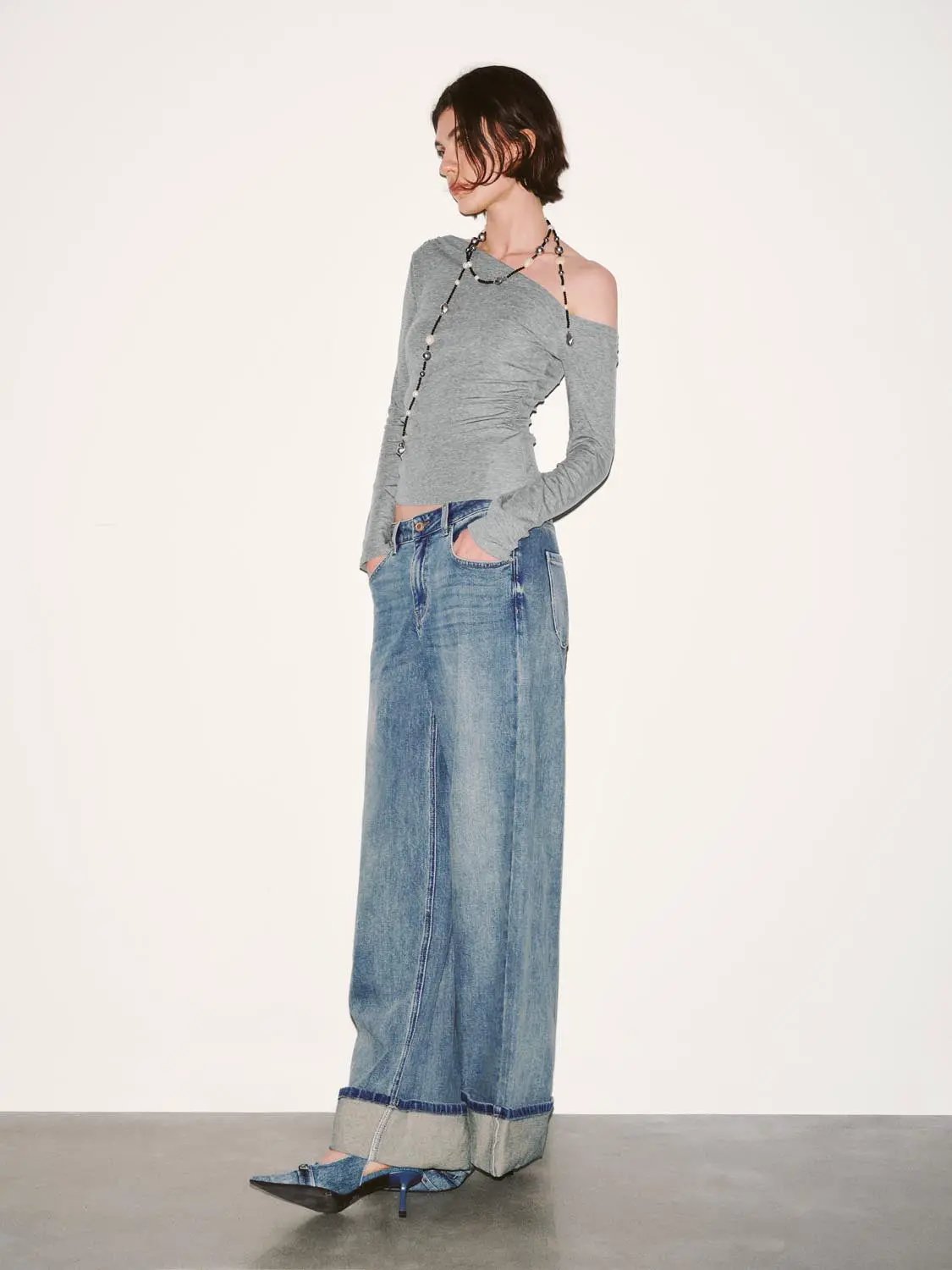 Asymmetric One Shoulder Ruched Waist Long Sleeve Top