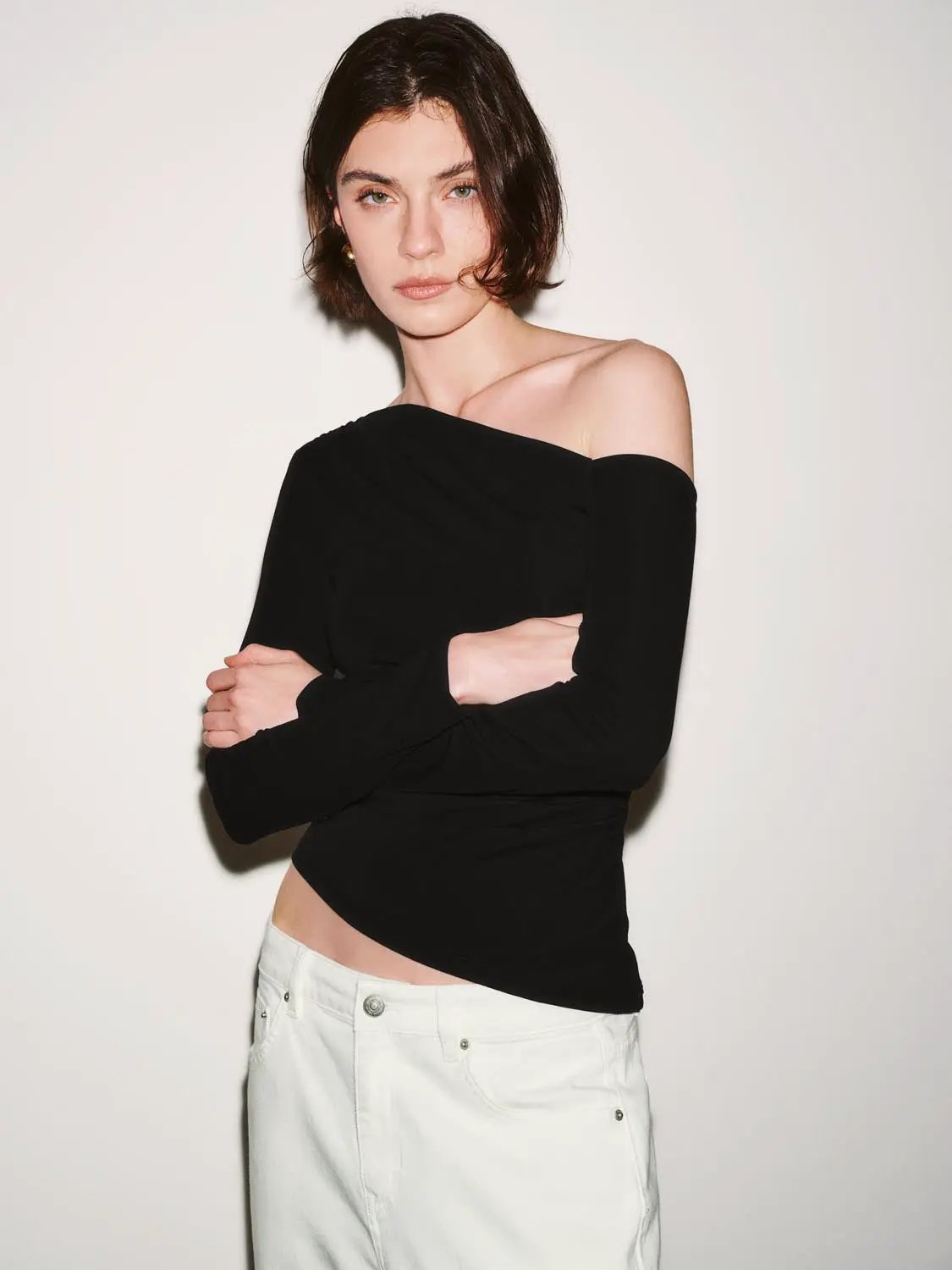 Asymmetric One Shoulder Ruched Waist Long Sleeve Top