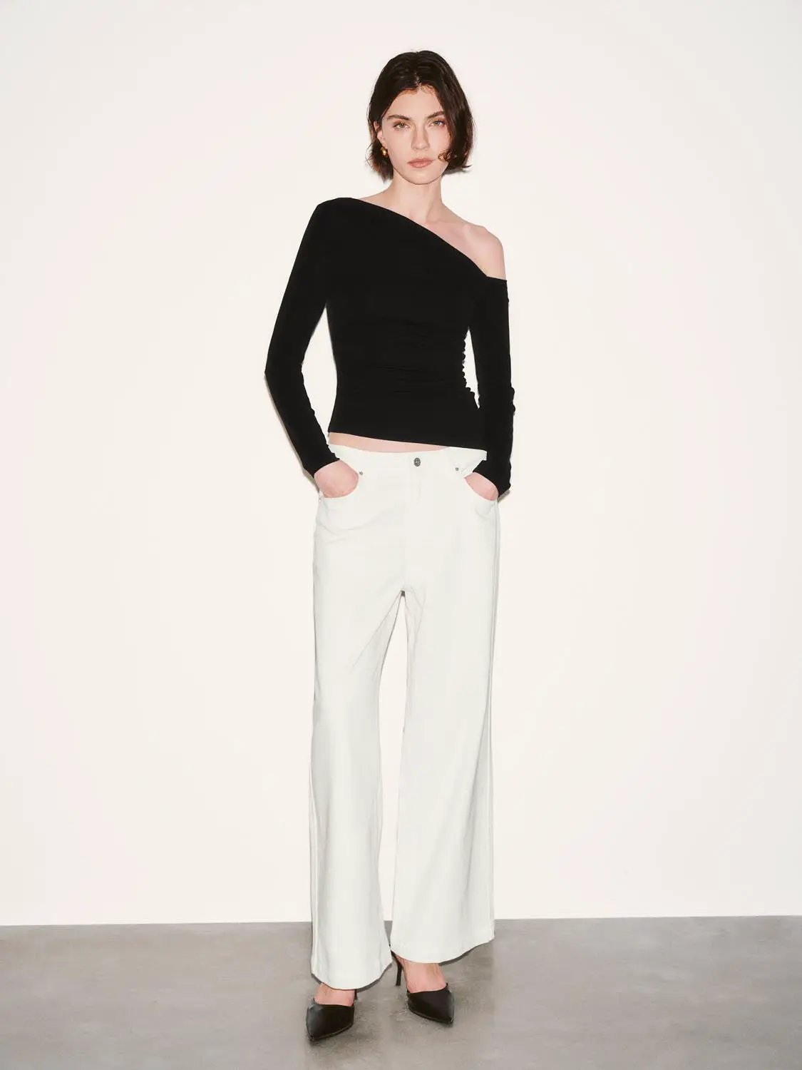 Asymmetric One Shoulder Ruched Waist Long Sleeve Top