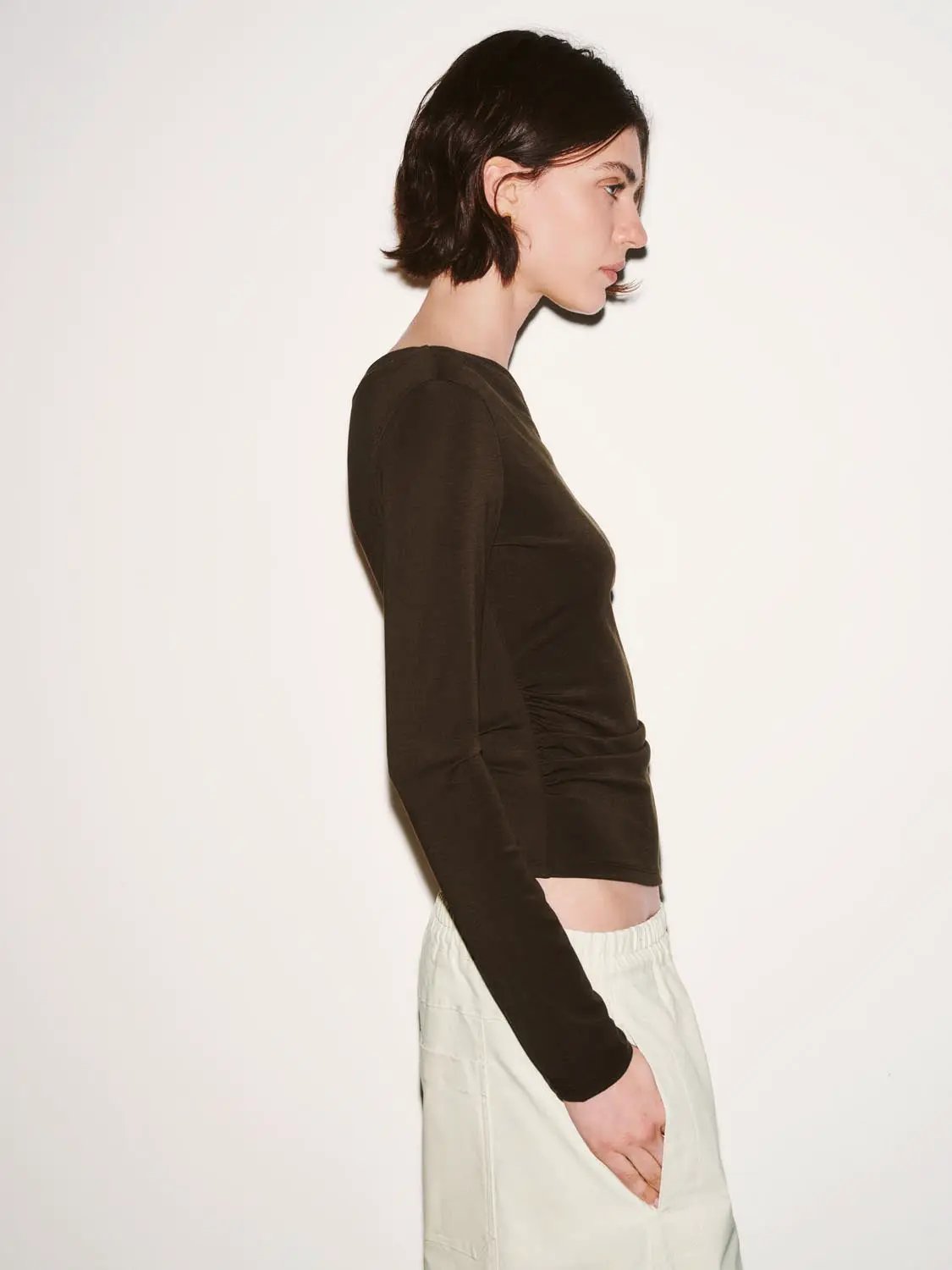 Asymmetric One Shoulder Ruched Waist Long Sleeve Top