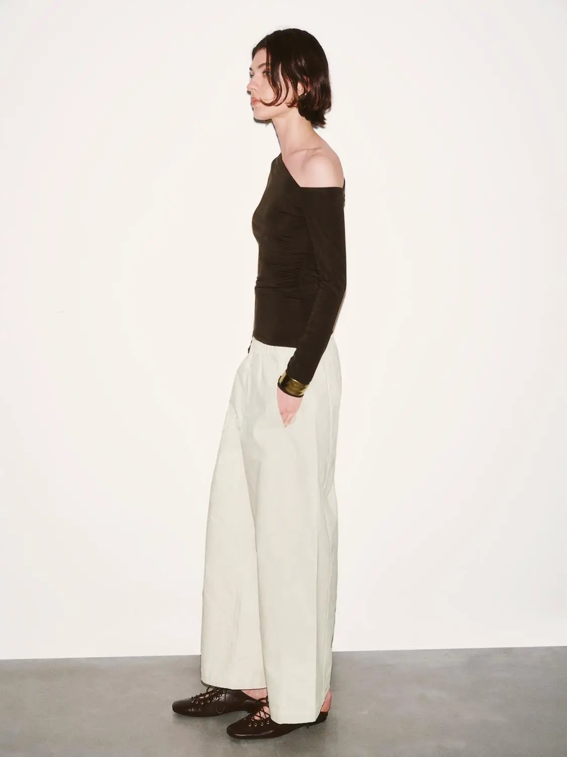 Asymmetric One Shoulder Ruched Waist Long Sleeve Top