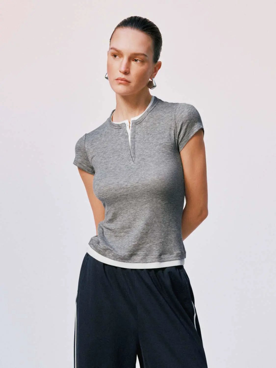Short Sleeve 2-In-1 Contrast Trim Henley Neck T-Shirt