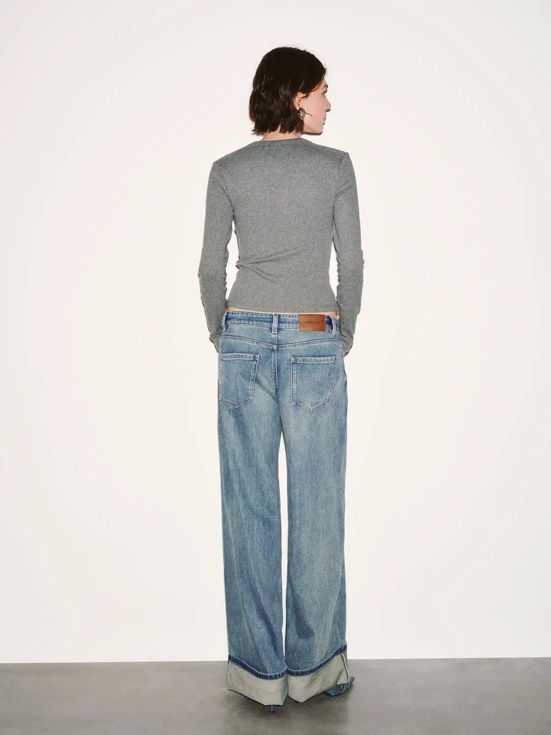 Crew Neck Button Detail Long Sleeve Cotton T-Shirt