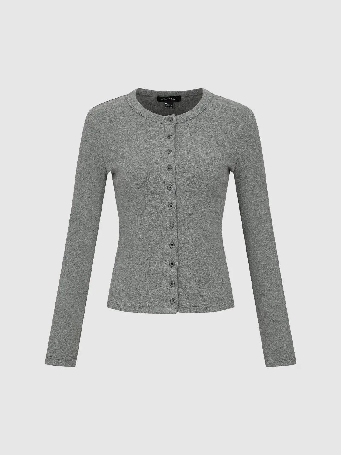 Crew Neck Button Detail Long Sleeve Cotton T-Shirt