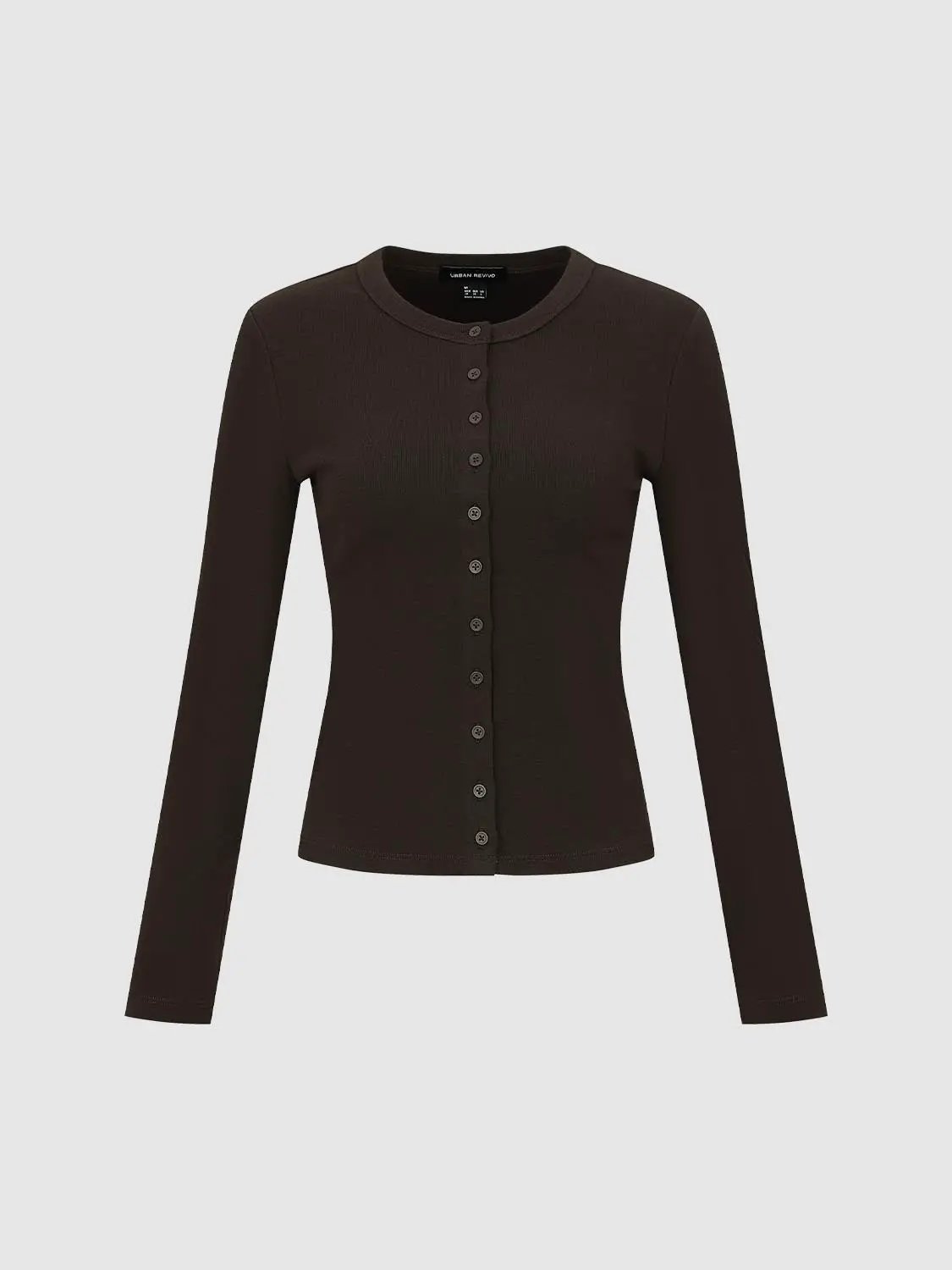 Crew Neck Button Detail Long Sleeve Cotton T-Shirt