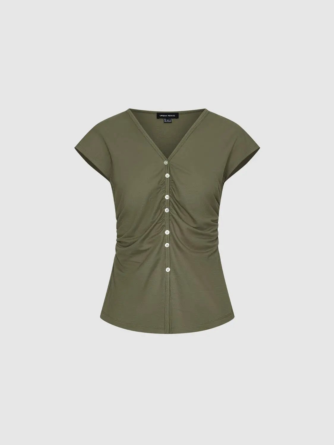 Cap Sleeve V Neck Button Ruched Cotton Slim Fit T-Shirt