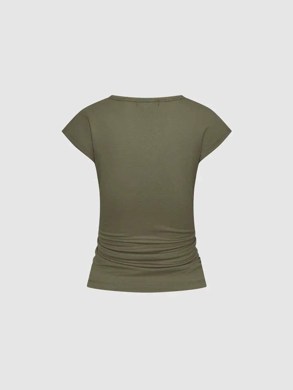 Cap Sleeve V Neck Button Ruched Cotton Slim Fit T-Shirt