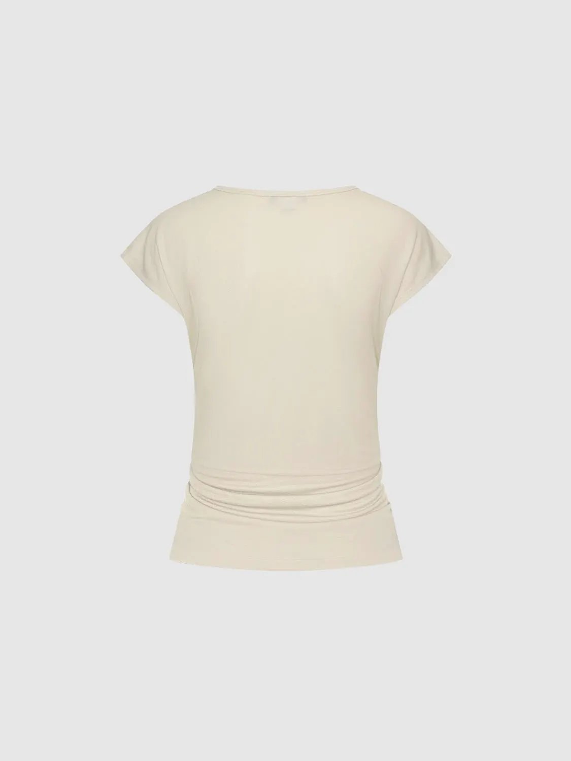 Cap Sleeve V Neck Button Ruched Cotton Slim Fit T-Shirt