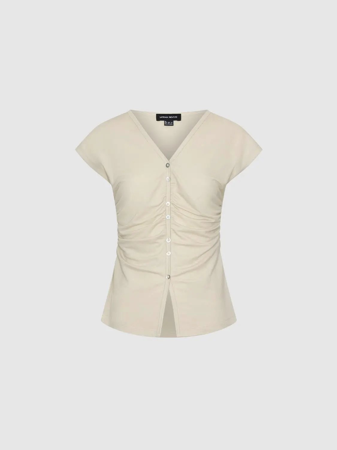Cap Sleeve V Neck Button Ruched Cotton Slim Fit T-Shirt