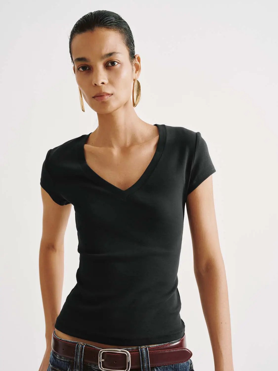 V-Neck Cap Sleeve Ruched Slim Fit Stretch Knit T-Shirt