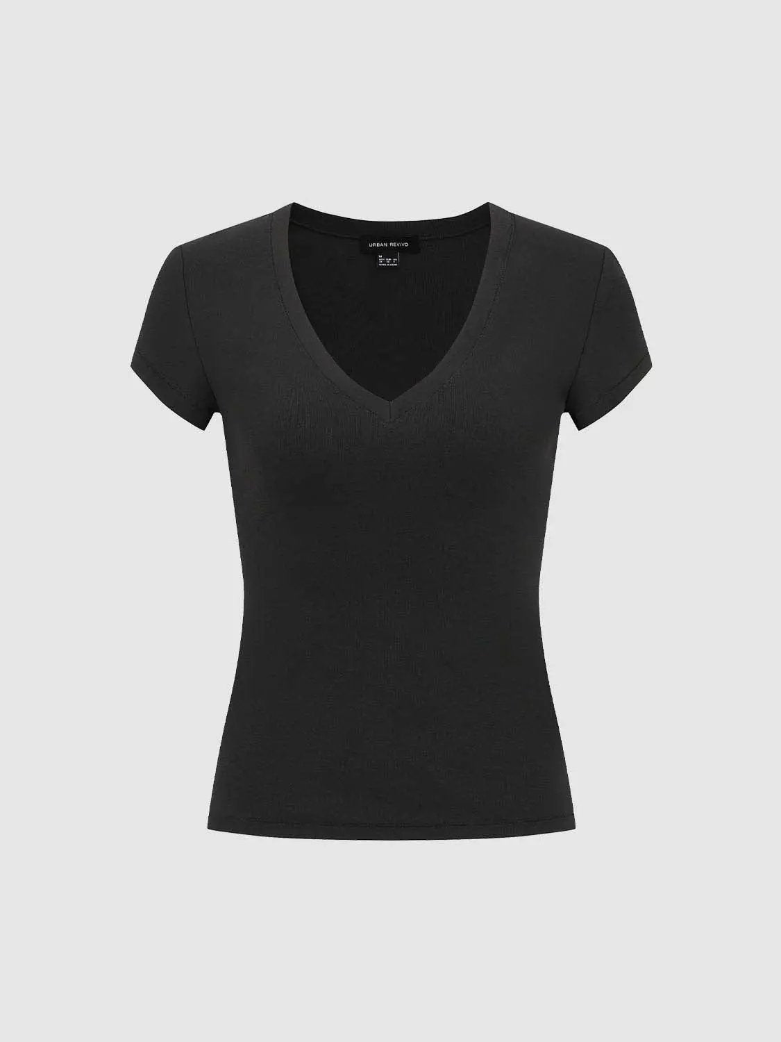 V-Neck Cap Sleeve Ruched Slim Fit Stretch Knit T-Shirt