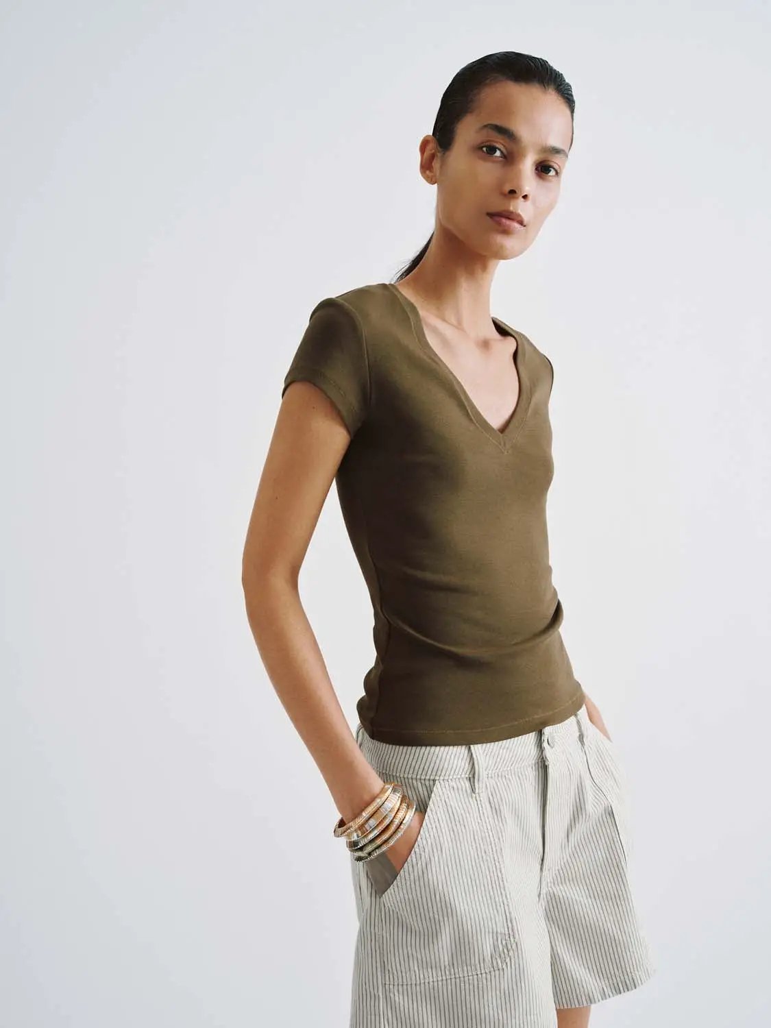 V-Neck Cap Sleeve Ruched Slim Fit Stretch Knit T-Shirt