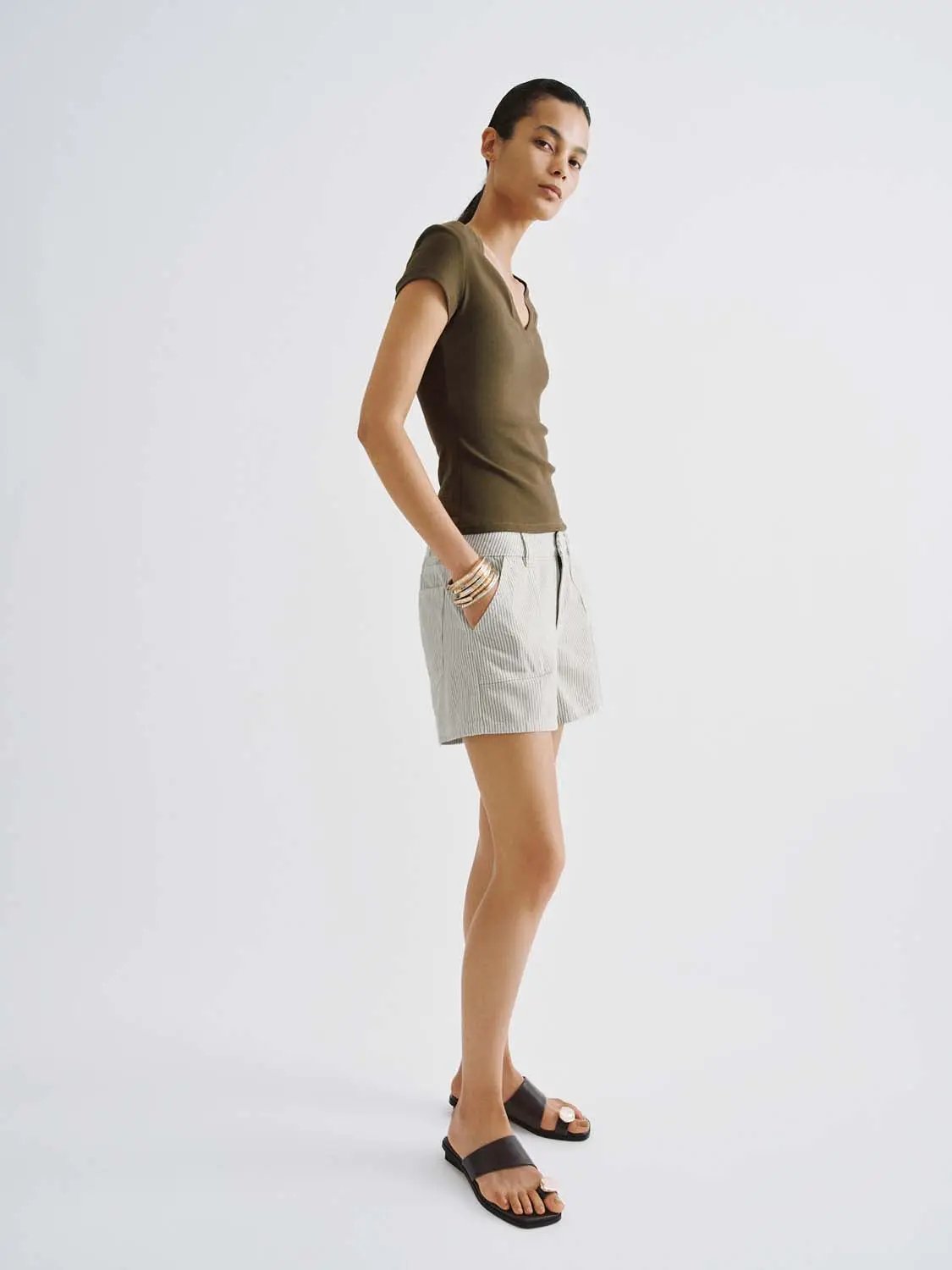 V-Neck Cap Sleeve Ruched Slim Fit Stretch Knit T-Shirt