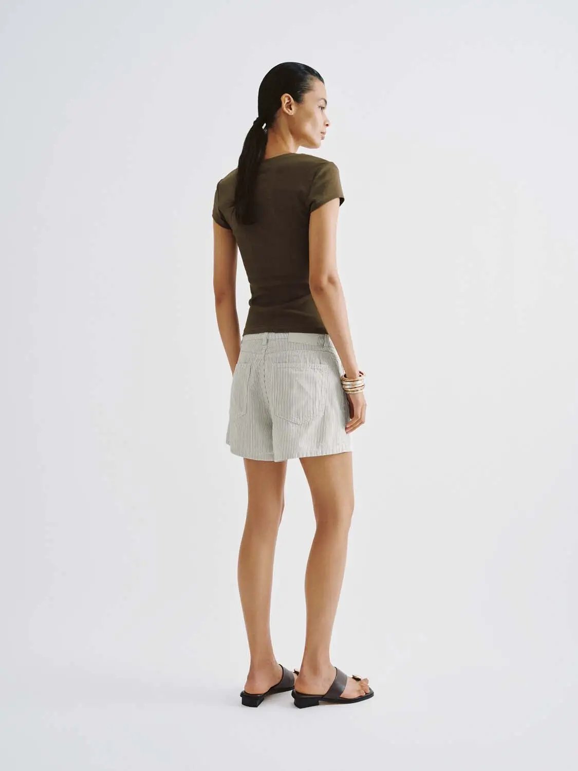 V-Neck Cap Sleeve Ruched Slim Fit Stretch Knit T-Shirt