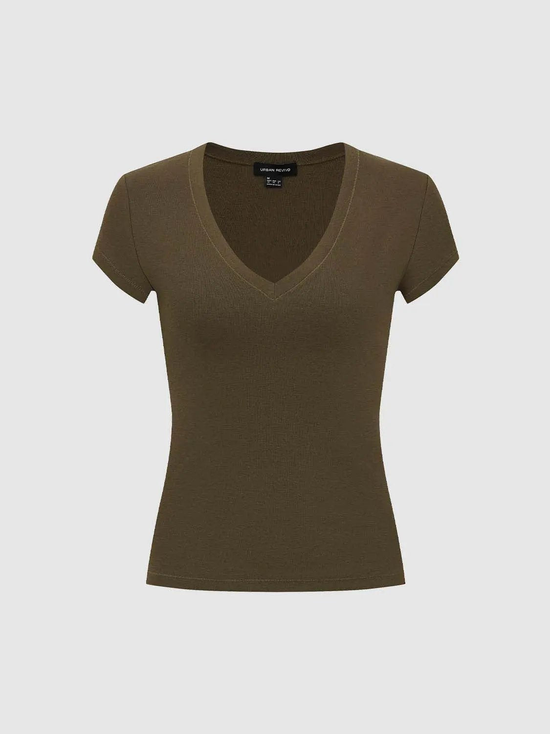 V-Neck Cap Sleeve Ruched Slim Fit Stretch Knit T-Shirt