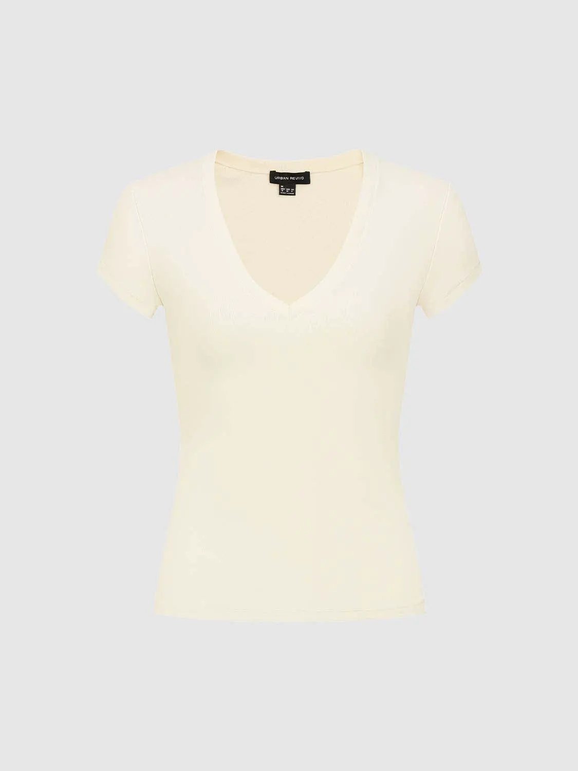 V-Neck Cap Sleeve Ruched Slim Fit Stretch Knit T-Shirt