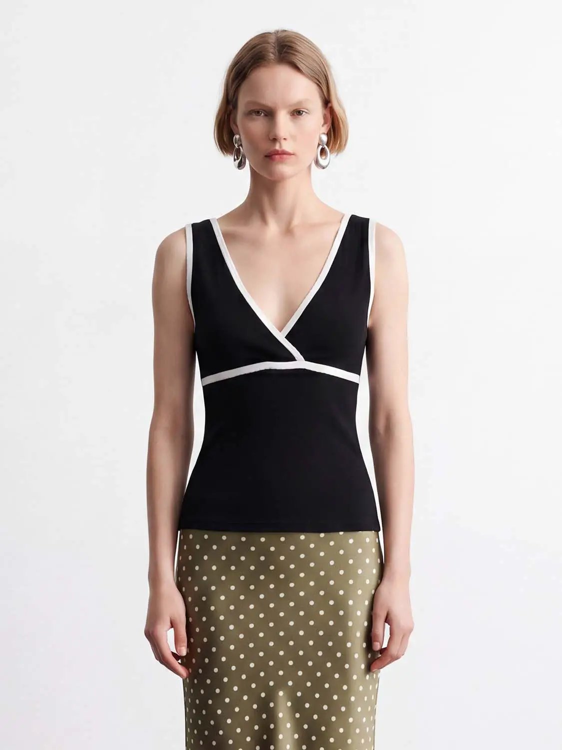 Criss-Cross Neckline Sleeveless Cotton Knit T-Shirt