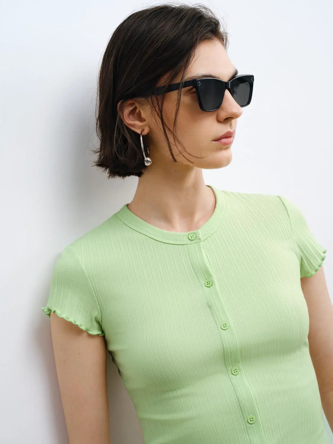 Ribbed Knit Cotton Slim Button Front T-shirt