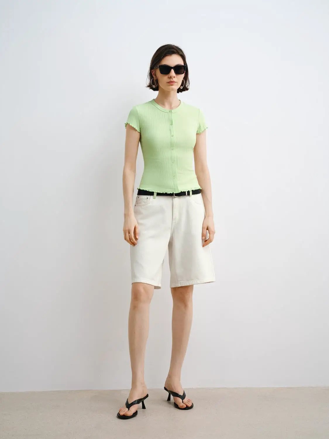 Ribbed Knit Cotton Slim Button Front T-shirt