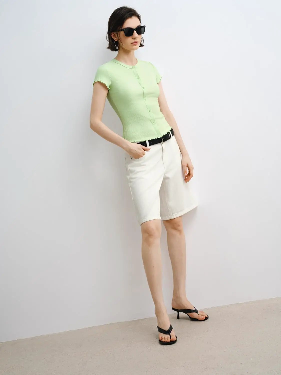Ribbed Knit Cotton Slim Button Front T-shirt