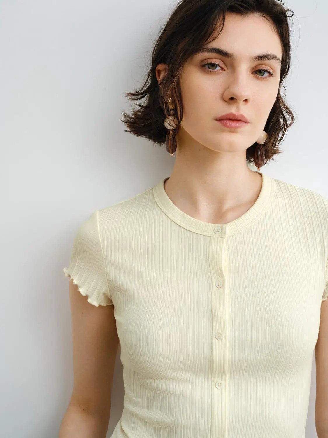 Ribbed Knit Cotton Slim Button Front T-shirt