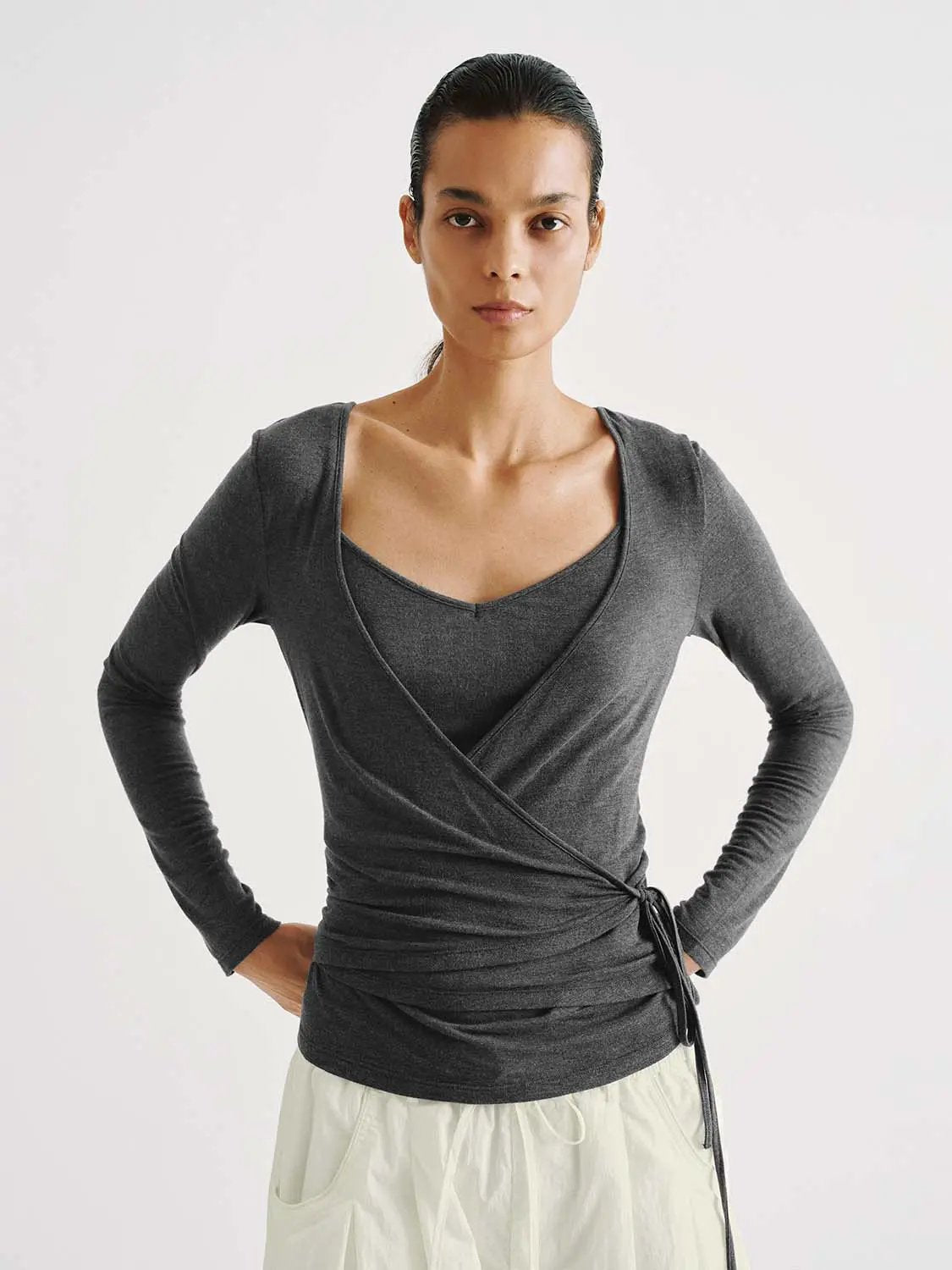 Wrap Front Ruched V-neck Long Sleeve T-shirt