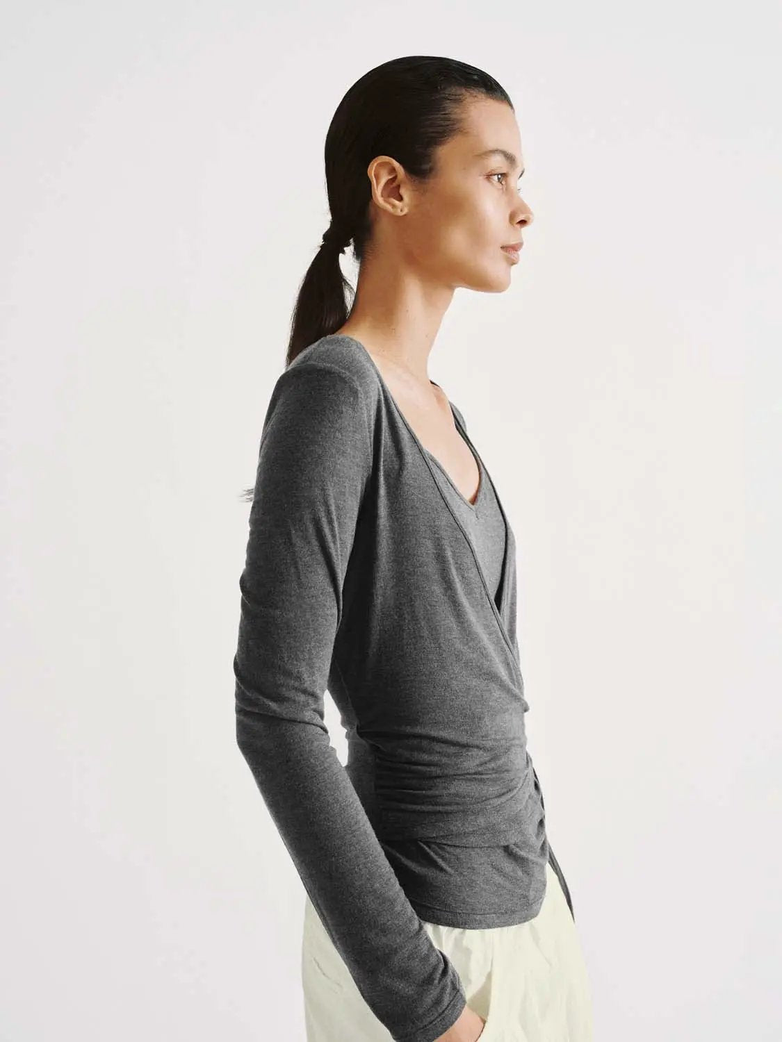 Wrap Front Ruched V-neck Long Sleeve T-shirt